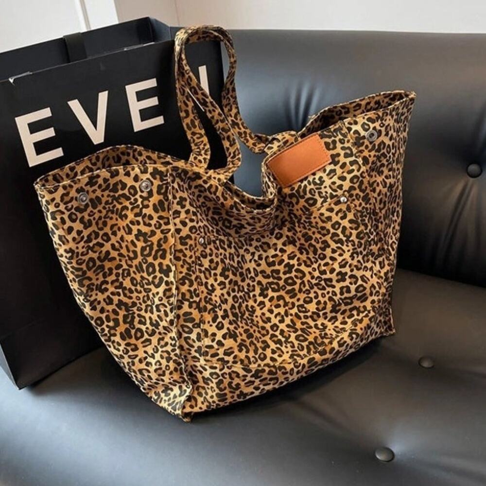 Brown Leopard Print Shoulder Tote Bag Large